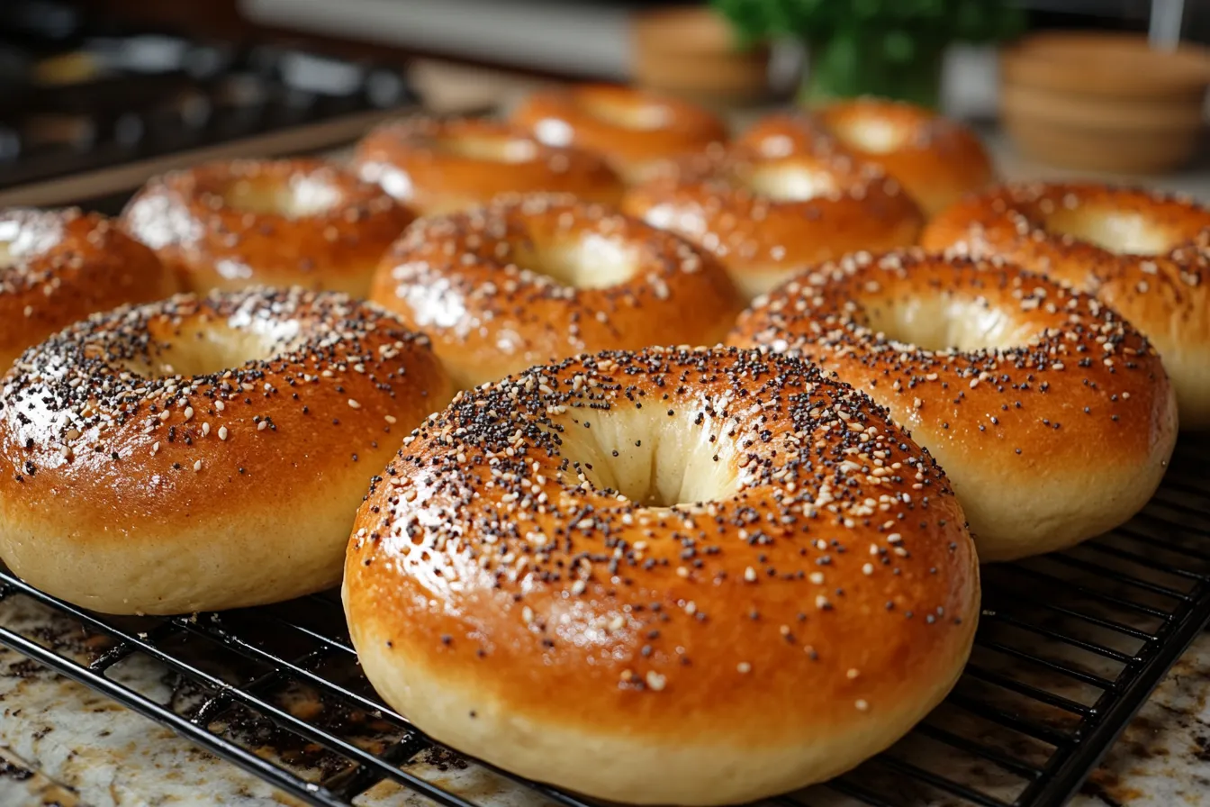 Freshly baked Greek yogurt bagels with golden crust.