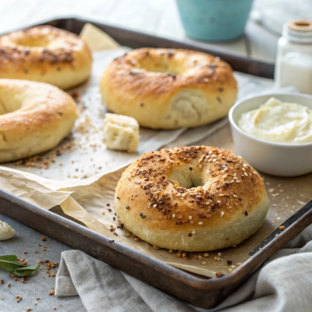 Greek yogurt bagels 5 Homemade Greek yogurt bagels close-up on parchment paper