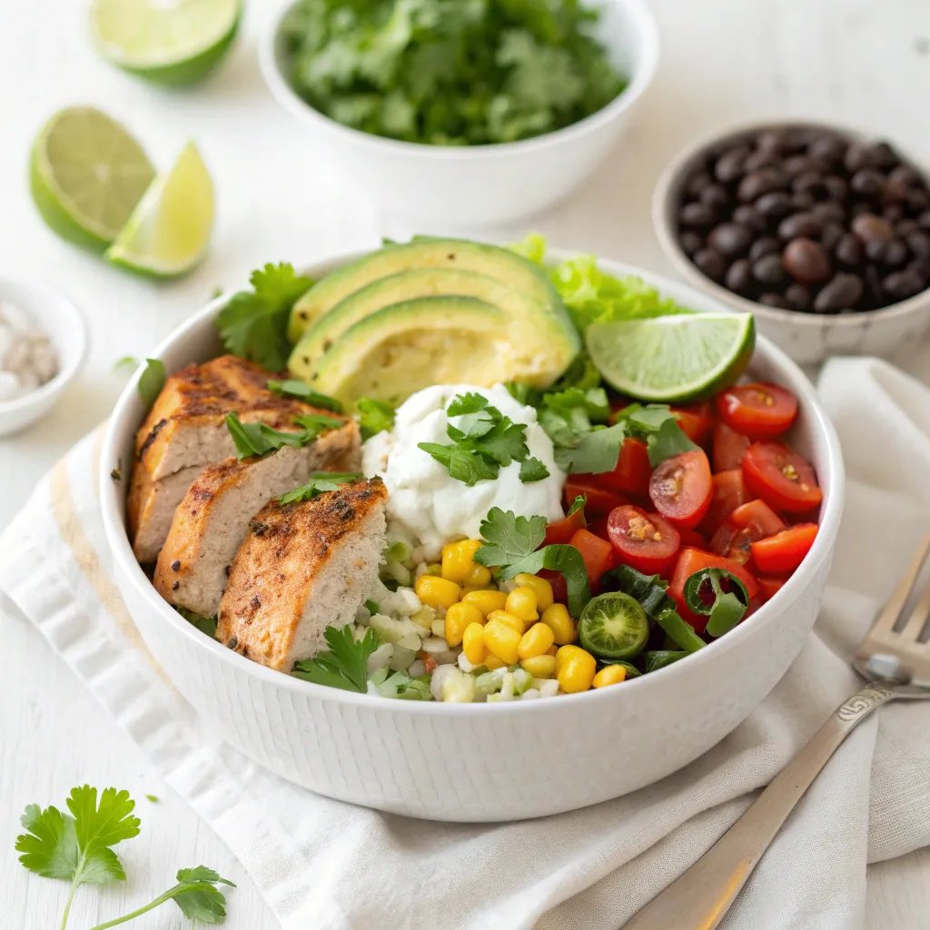 Taco bowl 6 Healthy taco bowl with grilled chicken, rice, beans, and colorful toppings