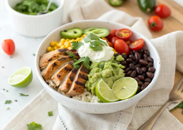 Homemade taco bowl with grilled chicken, rice, guacamole, and vegetables