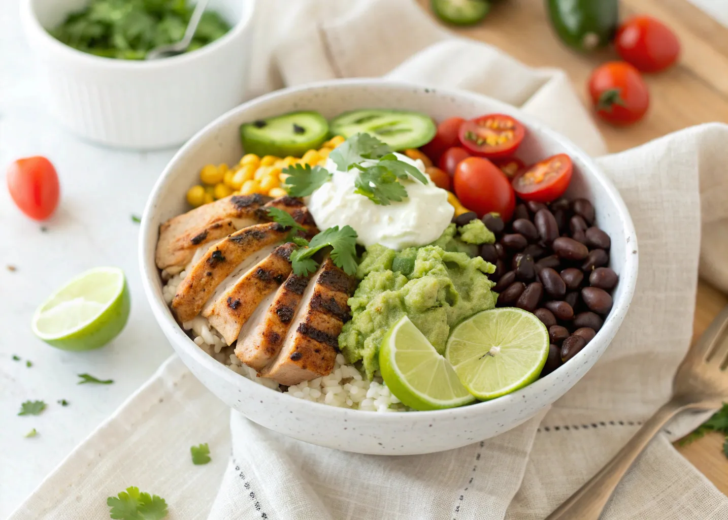 Homemade taco bowl with grilled chicken, rice, guacamole, and vegetables