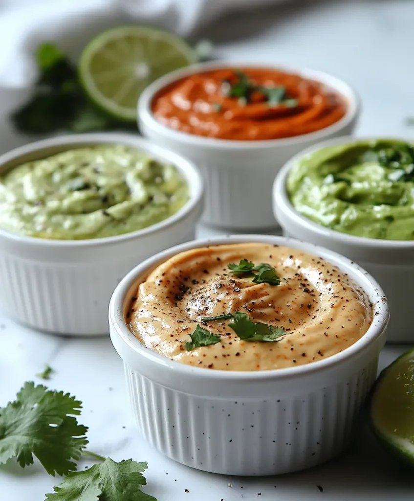 Assortment of homemade burrito sauces including chipotle mayo, cilantro lime crema, avocado ranch, and sour cream