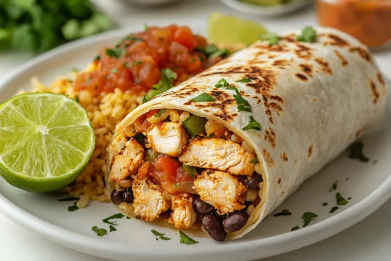 Chicken burrito recipe cut open with fresh ingredients inside