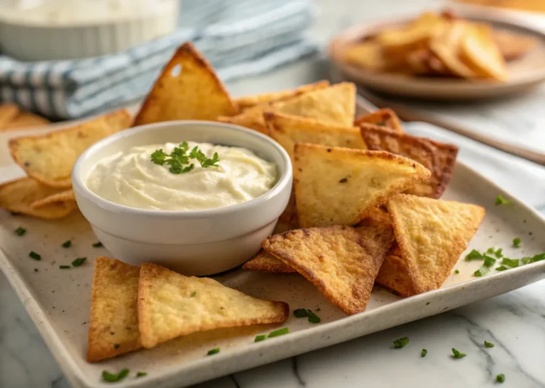 crispy homemade cottage cheese chips with creamy dip