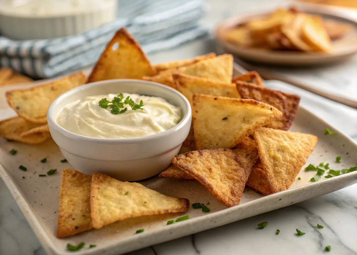 crispy homemade cottage cheese chips with creamy dip