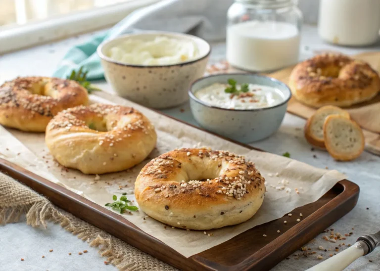 Homemade Greek yogurt bagels on parchment paper