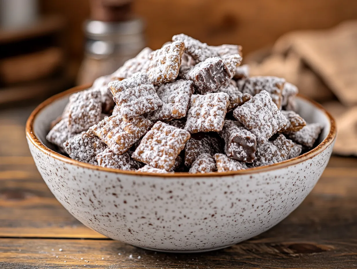 muddy buddy recipe in a homemade bowl with powdered sugar coating