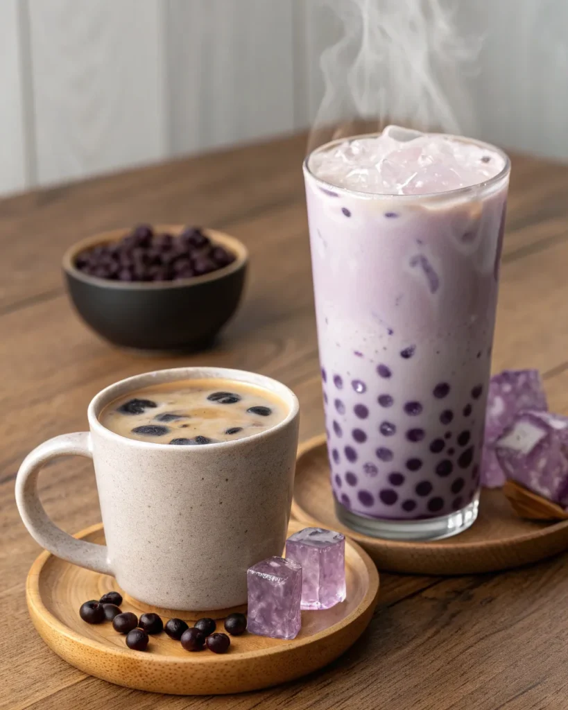 Hot and iced taro milk tea drinks side by side