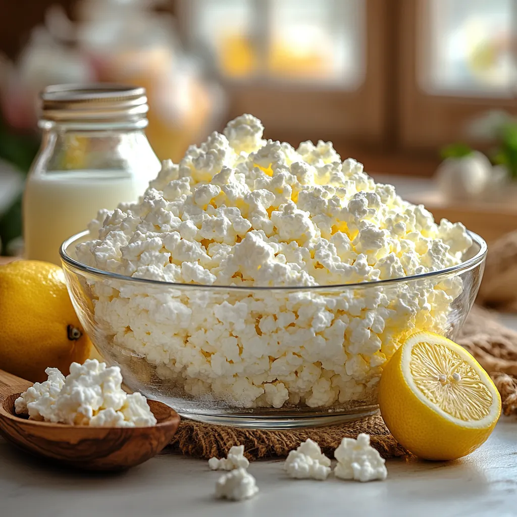 Homemade cottage cheese in a glass bowl with lemon and vinegar