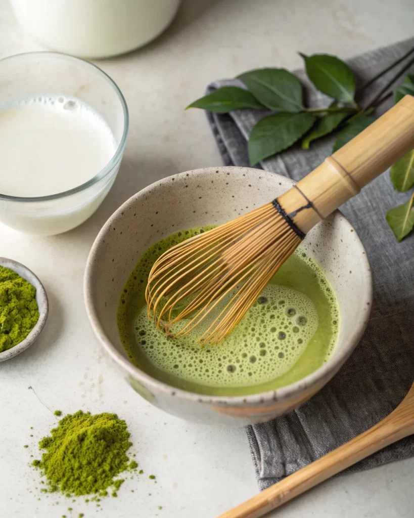 Iced Matcha Latte recipe 3 Homemade matcha preparation with whisk and ingredients