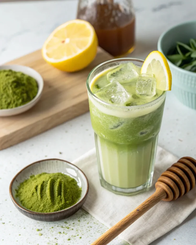 Iced Matcha Latte recipe 2 Healthy homemade iced matcha latte with lemon and honey