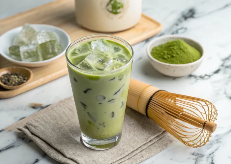 Homemade iced matcha latte in glass with oat milk and bamboo whisk