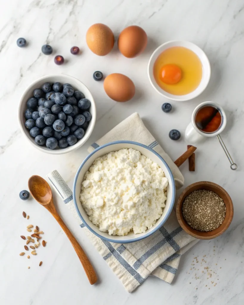 Ingredients for blueberry cottage cheese breakfast bake