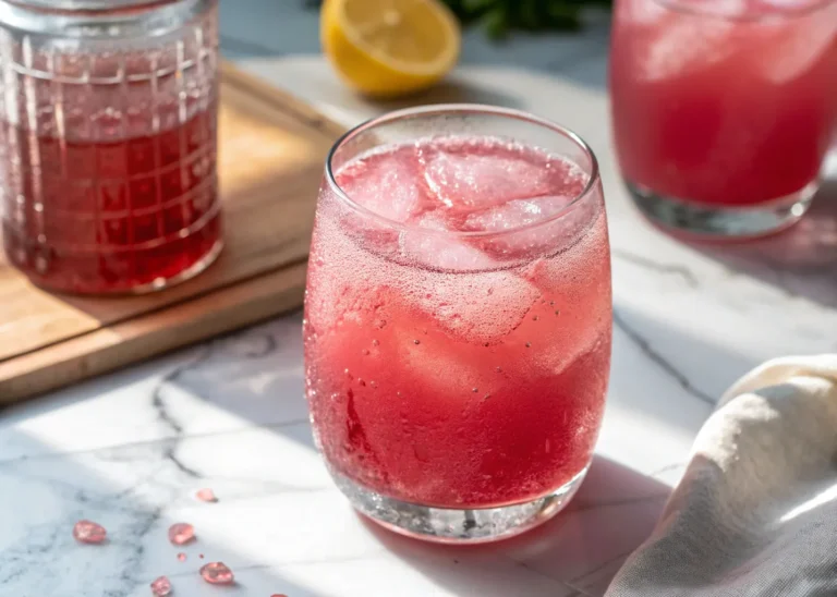 Japanese pink salt detox drink in a clear glass with lemon and apple cider vinegar