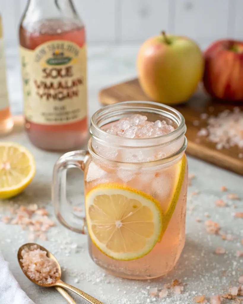 Japanese Pink Salt Recipe 4 Glass of Japanese pink salt water with Himalayan salt and apple cider vinegar in background