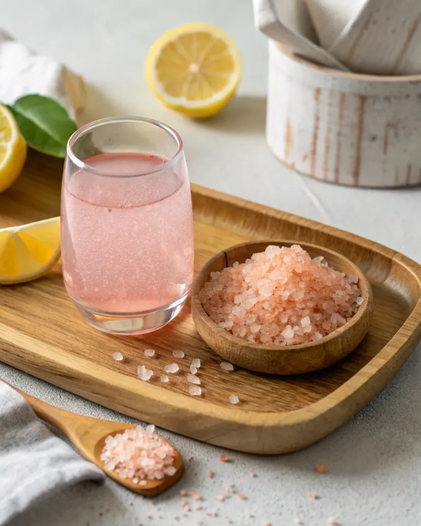 Japanese Pink Salt Recipe 5 Japanese pink salt detox water on a wooden tray with lemon and pink salt