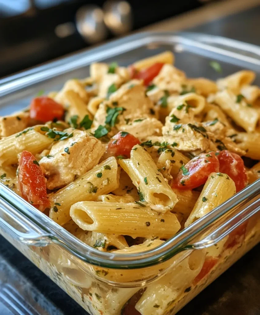 Creamy Tuscan chicken pasta stored in glass container