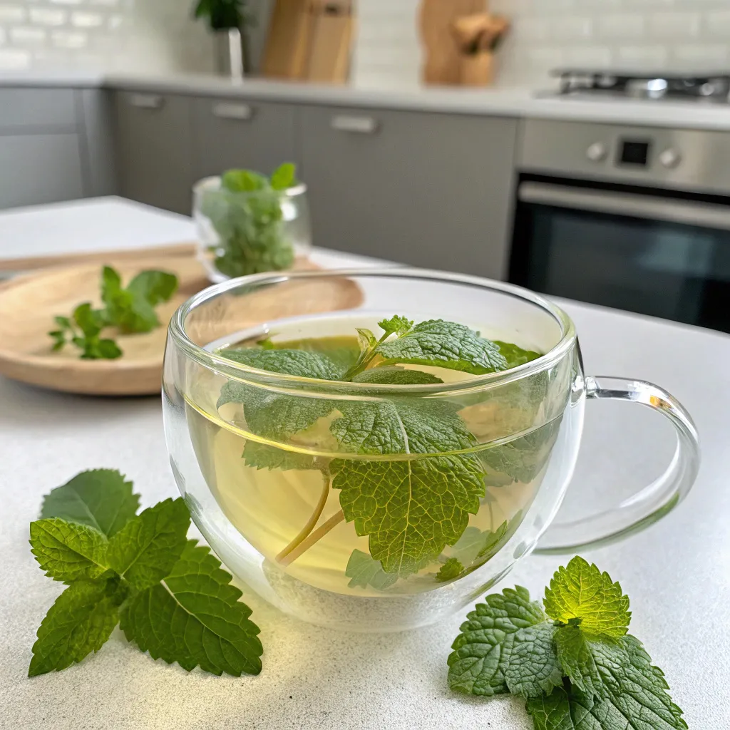 Calming lemon balm tea with fresh herbs, lemon, and honey