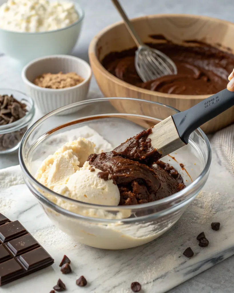Mixing cottage cheese into chocolate brownie batter