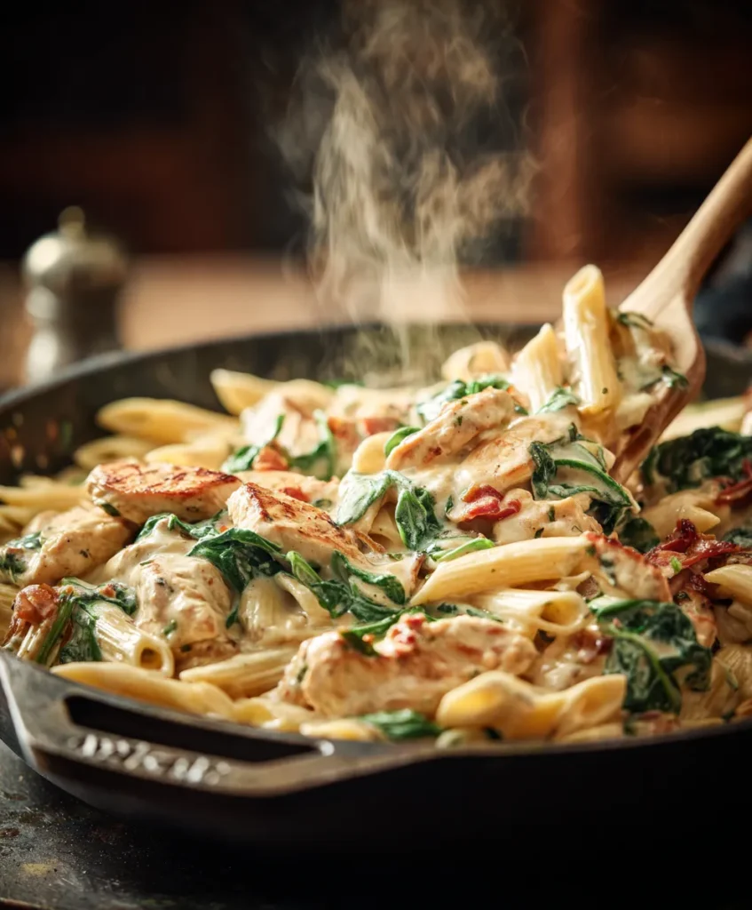Creamy Tuscan chicken pasta being mixed in skillet
