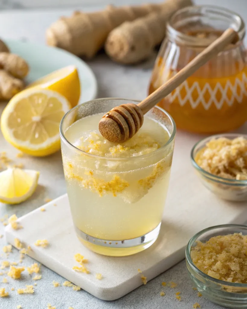 Lemon, ginger, and honey mixing in warm water for natural Mounjaro recipe