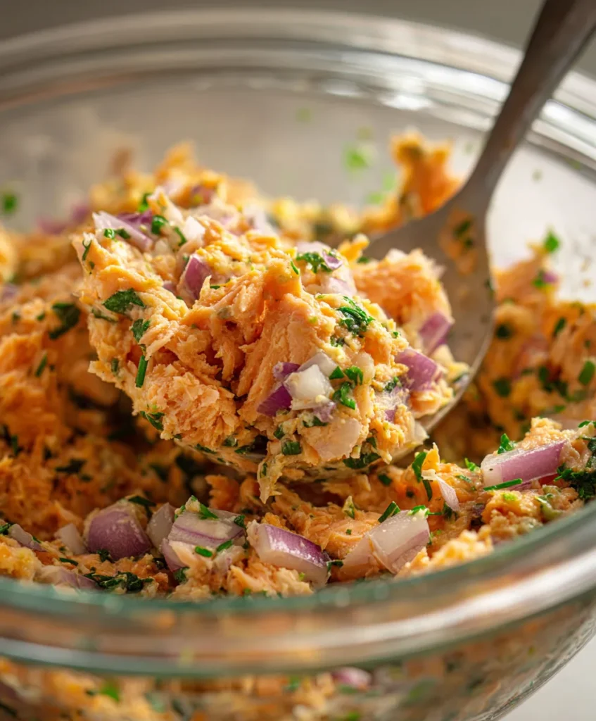 Mixing ingredients for old fashioned salmon patties recipe