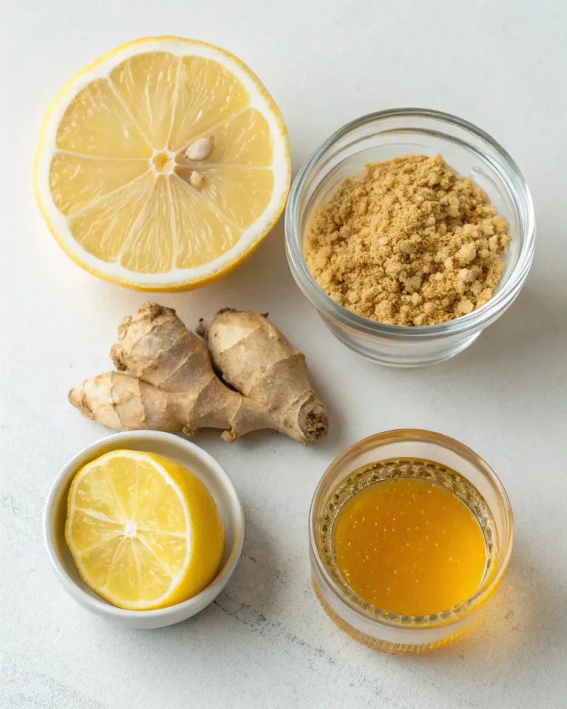 Lemon, ginger, honey, and water arranged for natural Mounjaro recipe