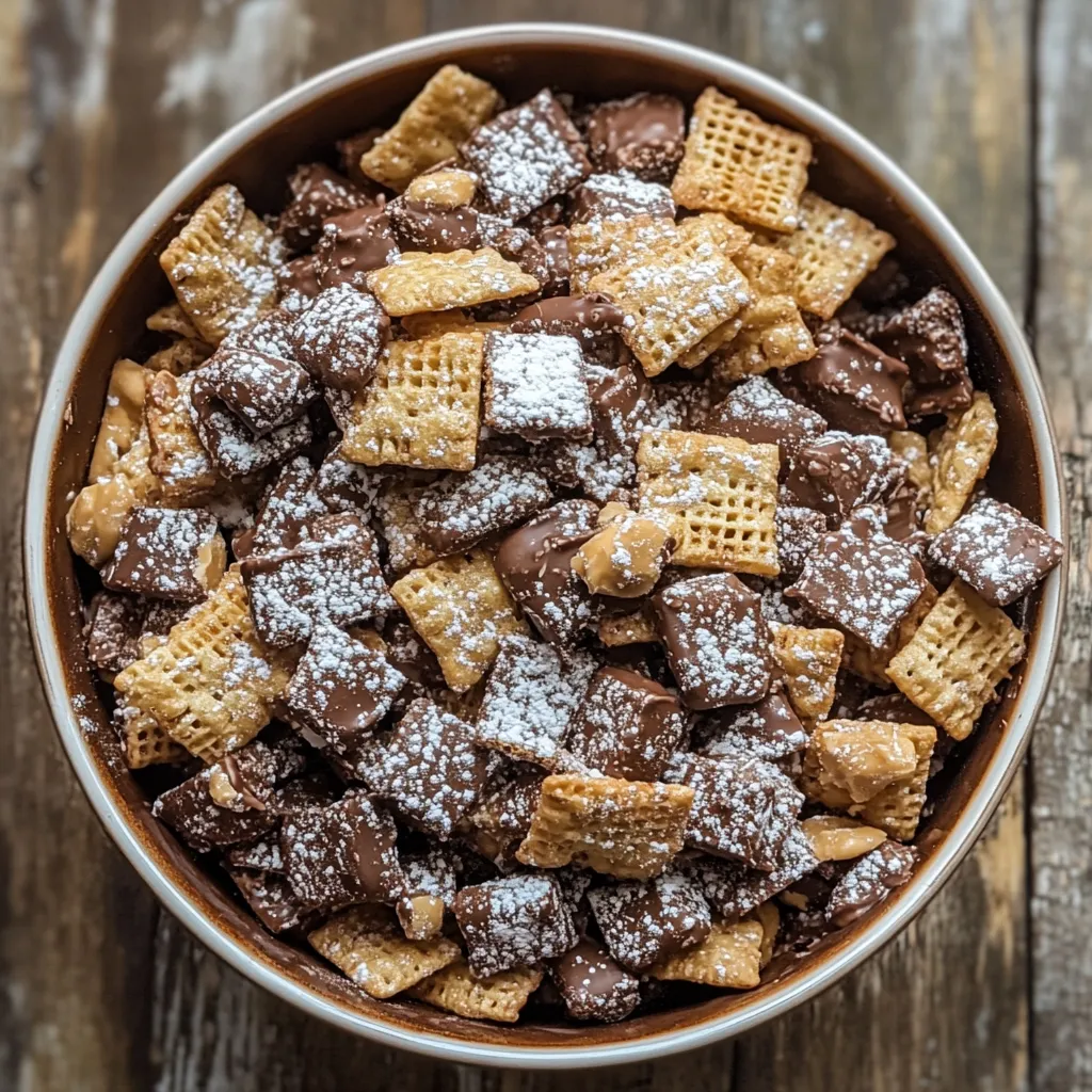 muddy buddy recipe snack mix in a homemade bowl