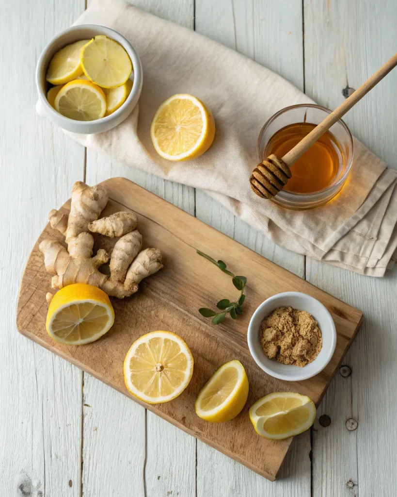 Flat lay of lemon, ginger, honey, and water for natural Mounjaro recipe