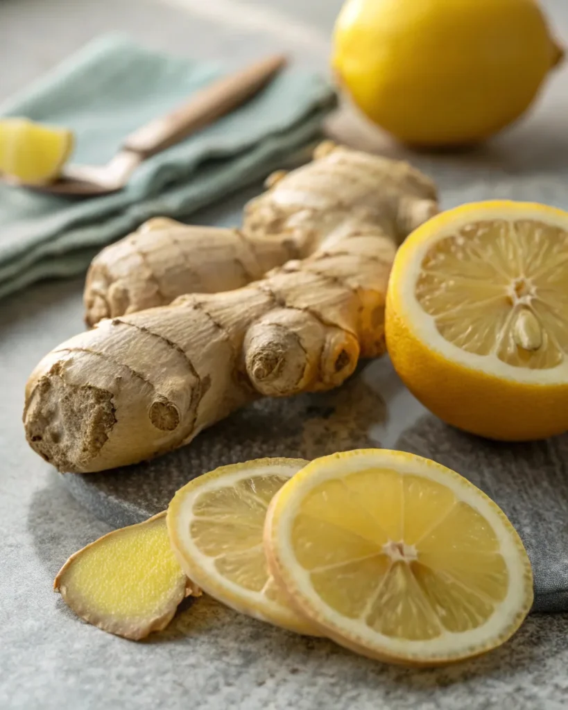 Close-up of fresh lemon and ginger for natural weight drink