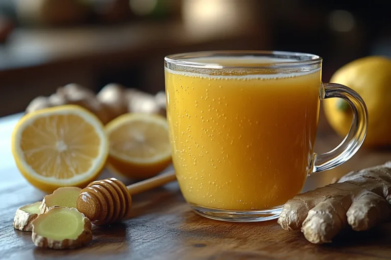 Natural Mounjaro recipe drink in a glass with lemon, ginger, and honey