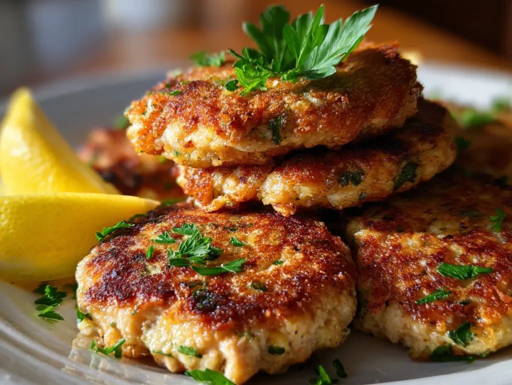 Old fashioned salmon patties recipe served with lemon wedges