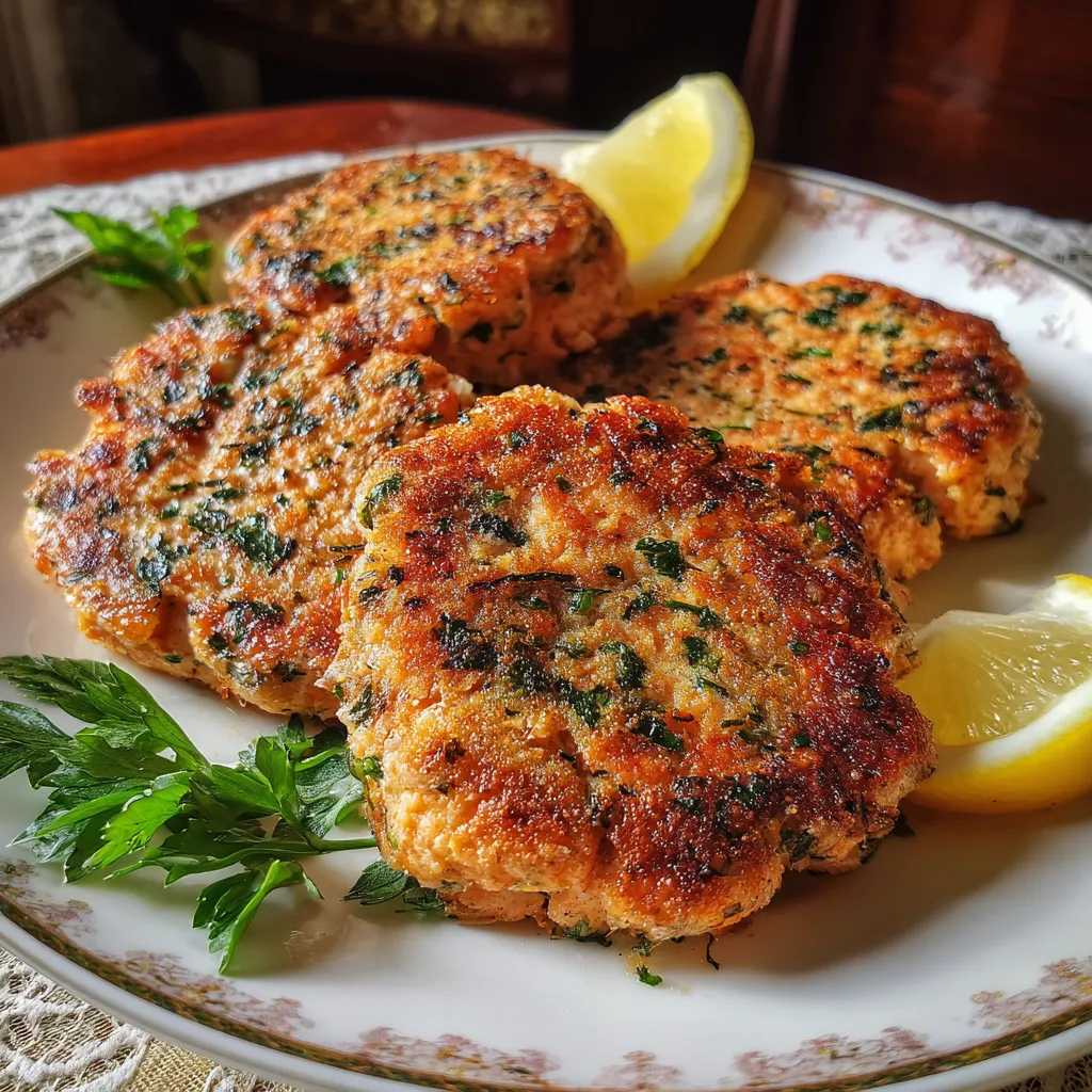 Old fashioned salmon patties recipe served hot with lemon wedges