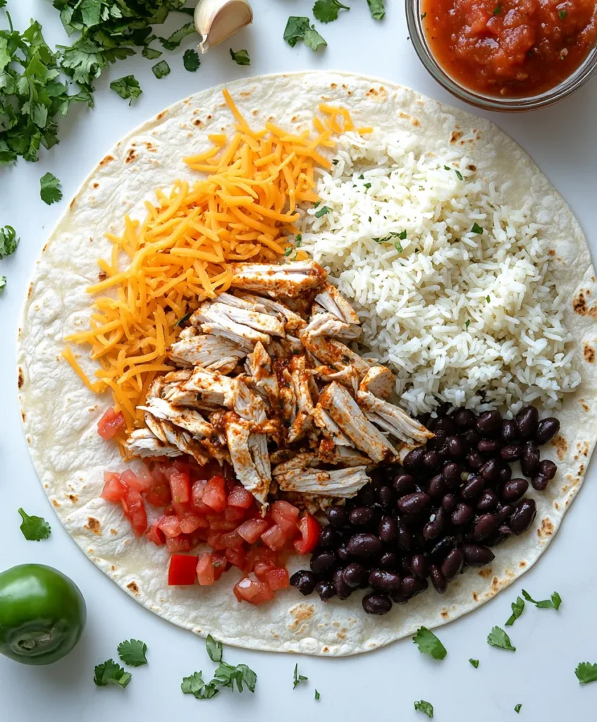 Open chicken burrito on tortilla with neatly layered ingredients
