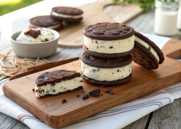Oreo ice cream sandwich stacked on a cutting board