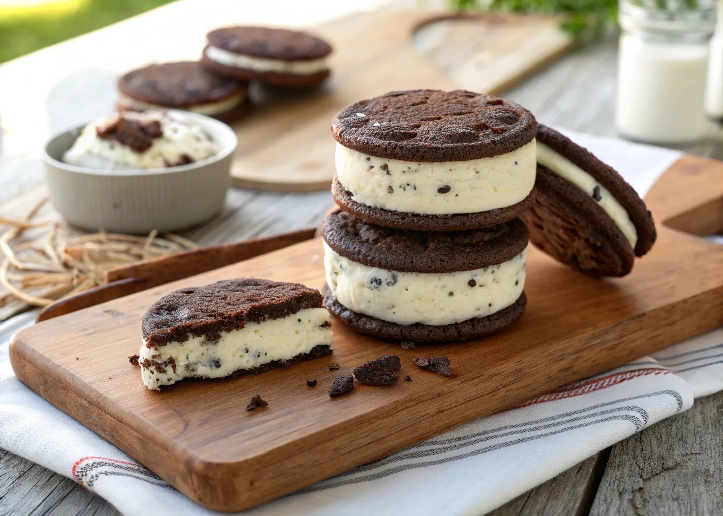 Oreo ice cream sandwich stacked on a cutting board