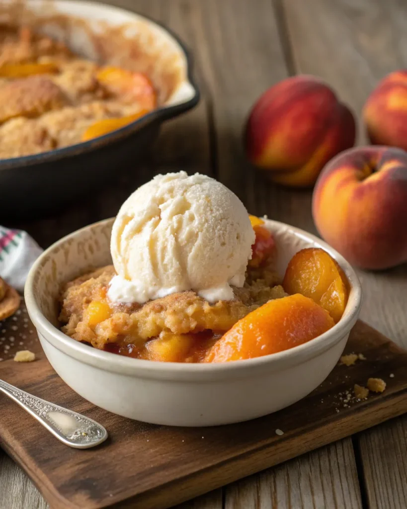 Serving of easy peach cobbler with vanilla ice cream