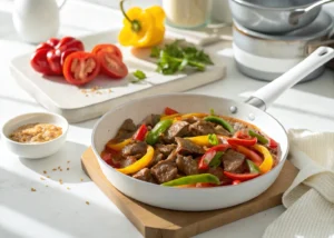 Pepper steak recipe in white skillet with bell peppers and sauce