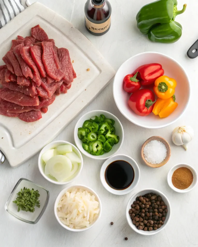 Pepper Steak Recipe 2 Pepper steak ingredients laid out on white kitchen counter