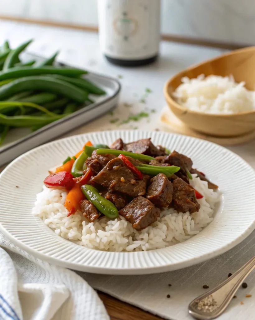 Pepper Steak Recipe 5 Pepper steak served on white plate with rice and greens