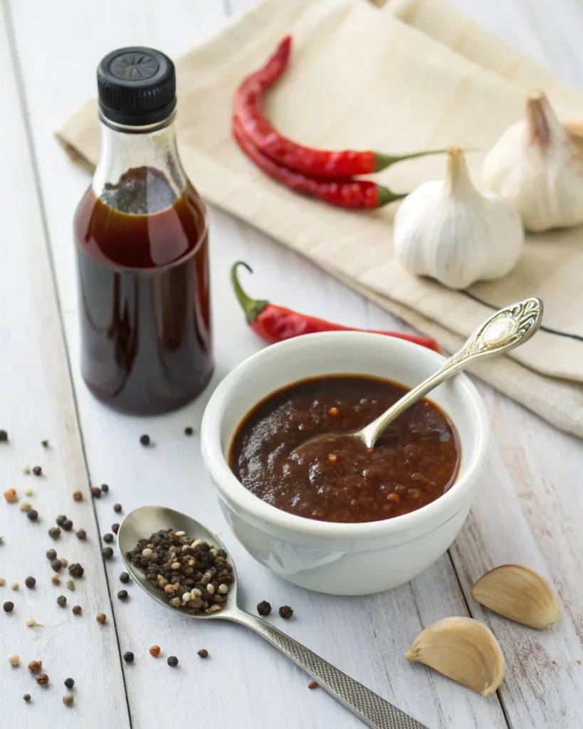 Pepper Steak Recipe 4 Pepper steak sauce in a white bowl with garlic and soy