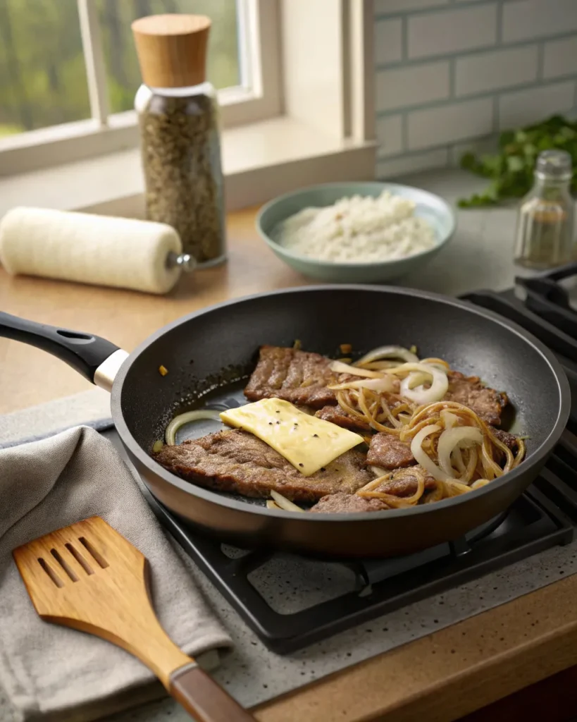 Philly Cheesesteak Recipe 3 Philly cheesesteak steak and onions cooking