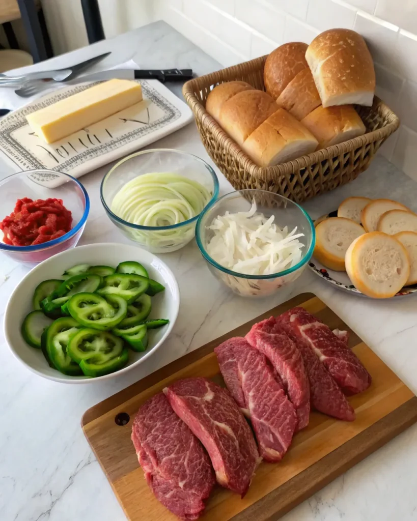 Philly Cheesesteak Recipe 2 Homemade Philly cheesesteak ingredients in a kitchen