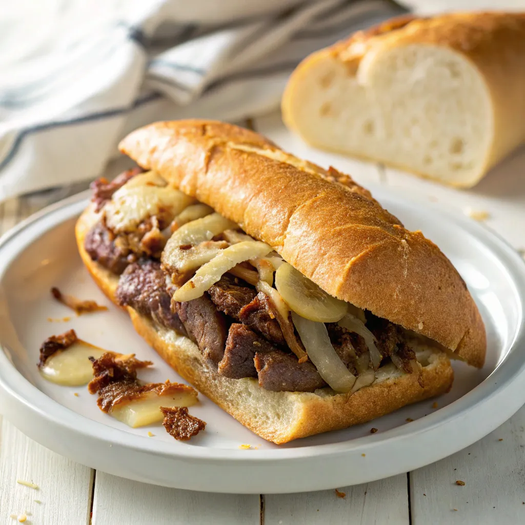 Philly Cheesesteak Recipe 5 Philly cheesesteak sandwich with steak, onions, and melted cheese