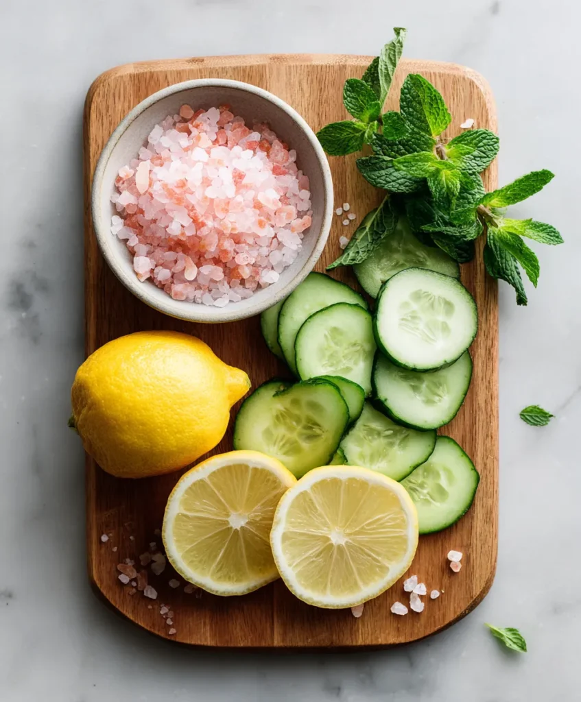 Pink Himalayan salt, lemon, cucumber, and mint leaves arranged on a wooden board.
