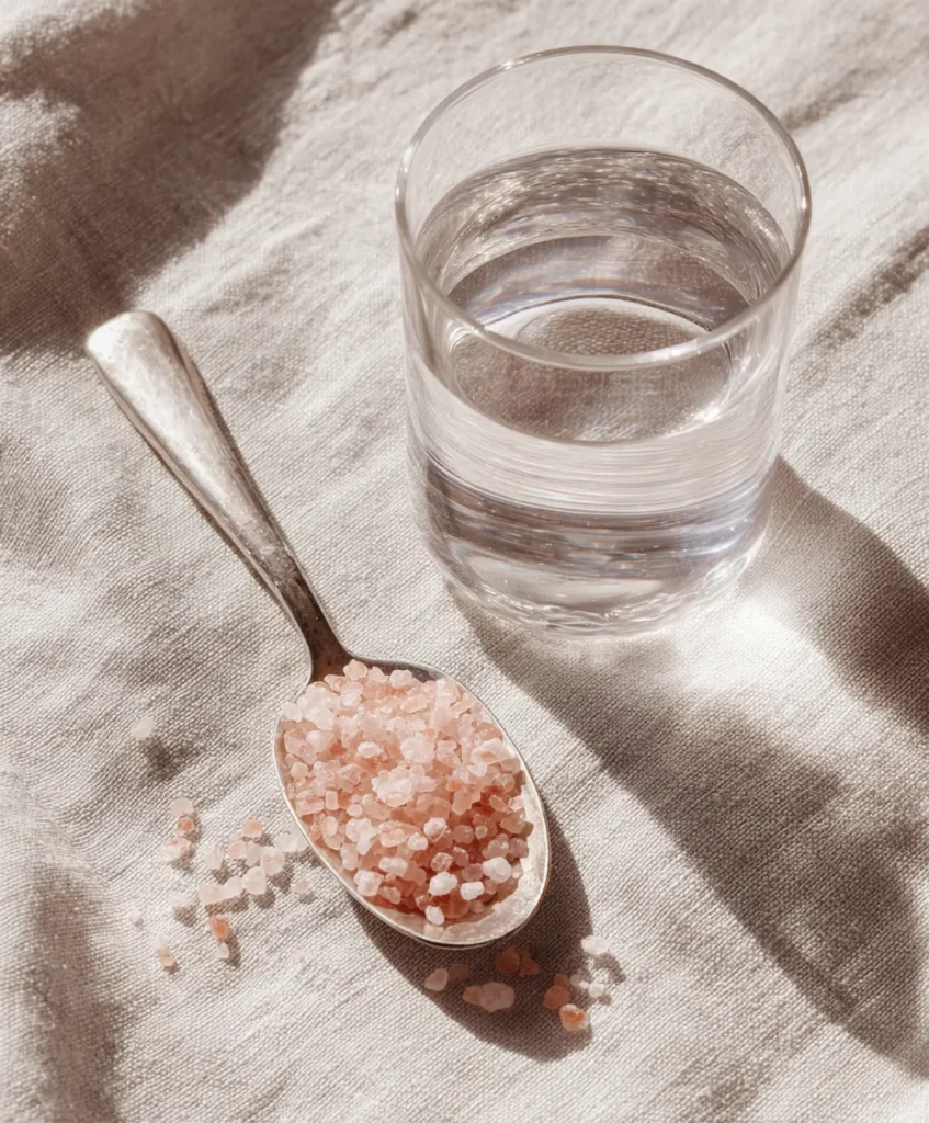 Teaspoon of pink Himalayan salt next to a glass of clear water.