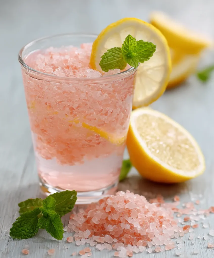 Glass of pink Himalayan salt water with lemon and mint on a white table.