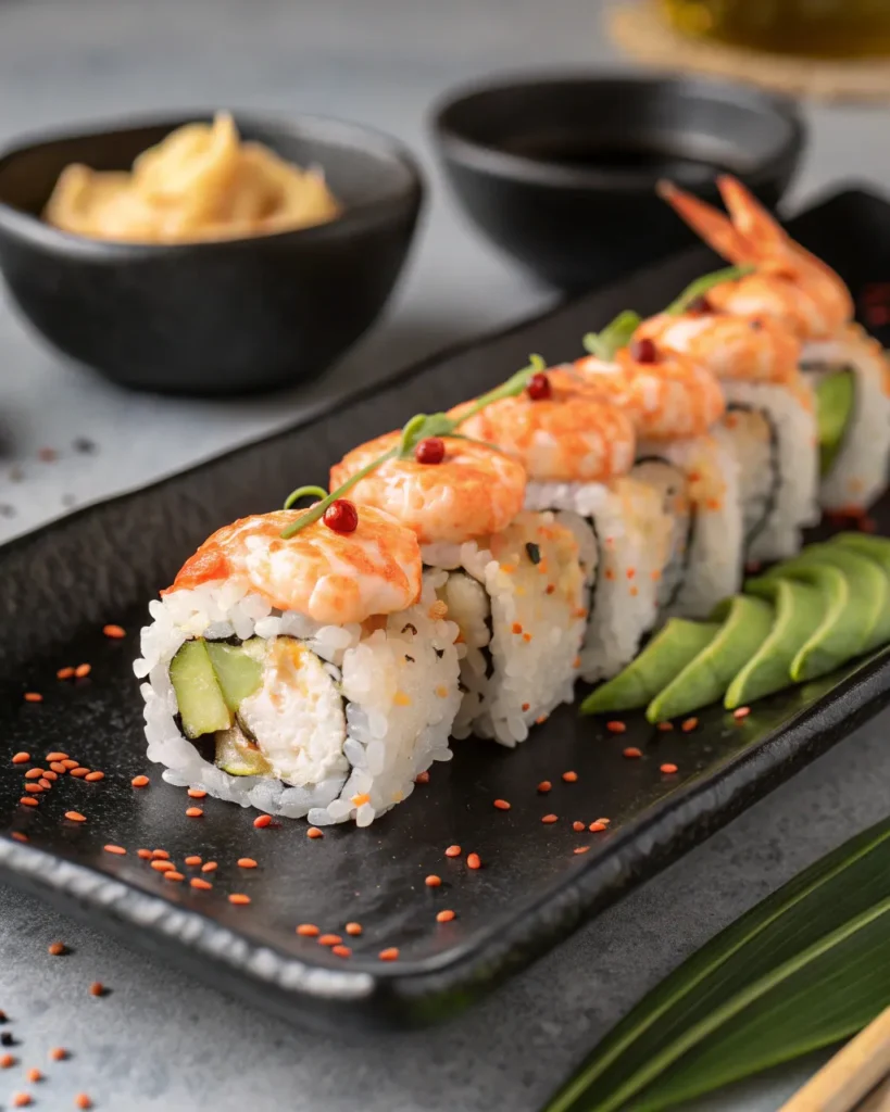 Plated crispy shrimp tempura sushi roll with sauce
