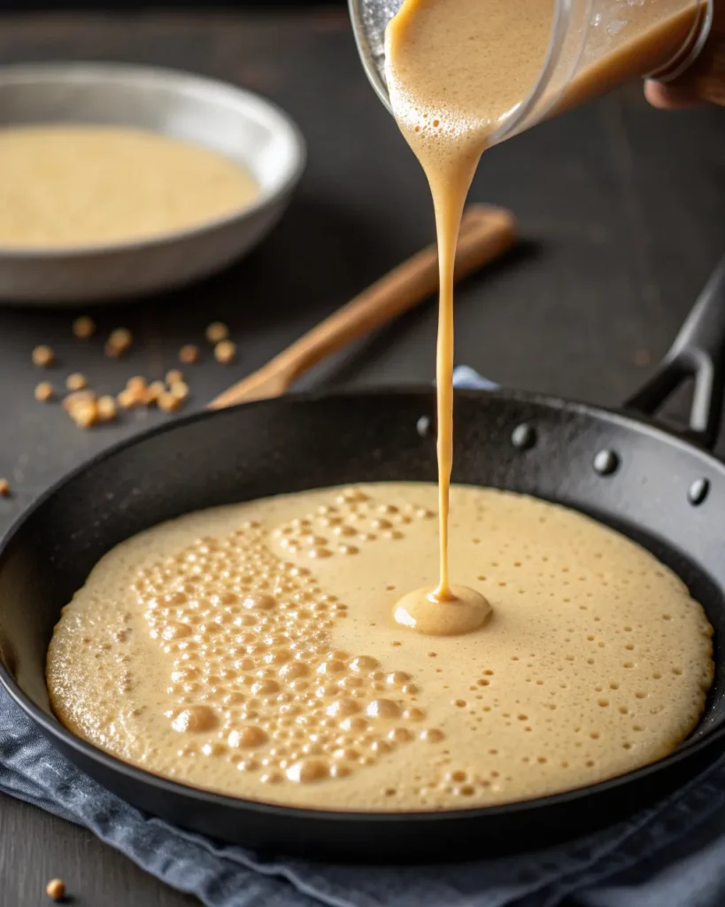 Pouring Bisquick pancake batter into a skillet