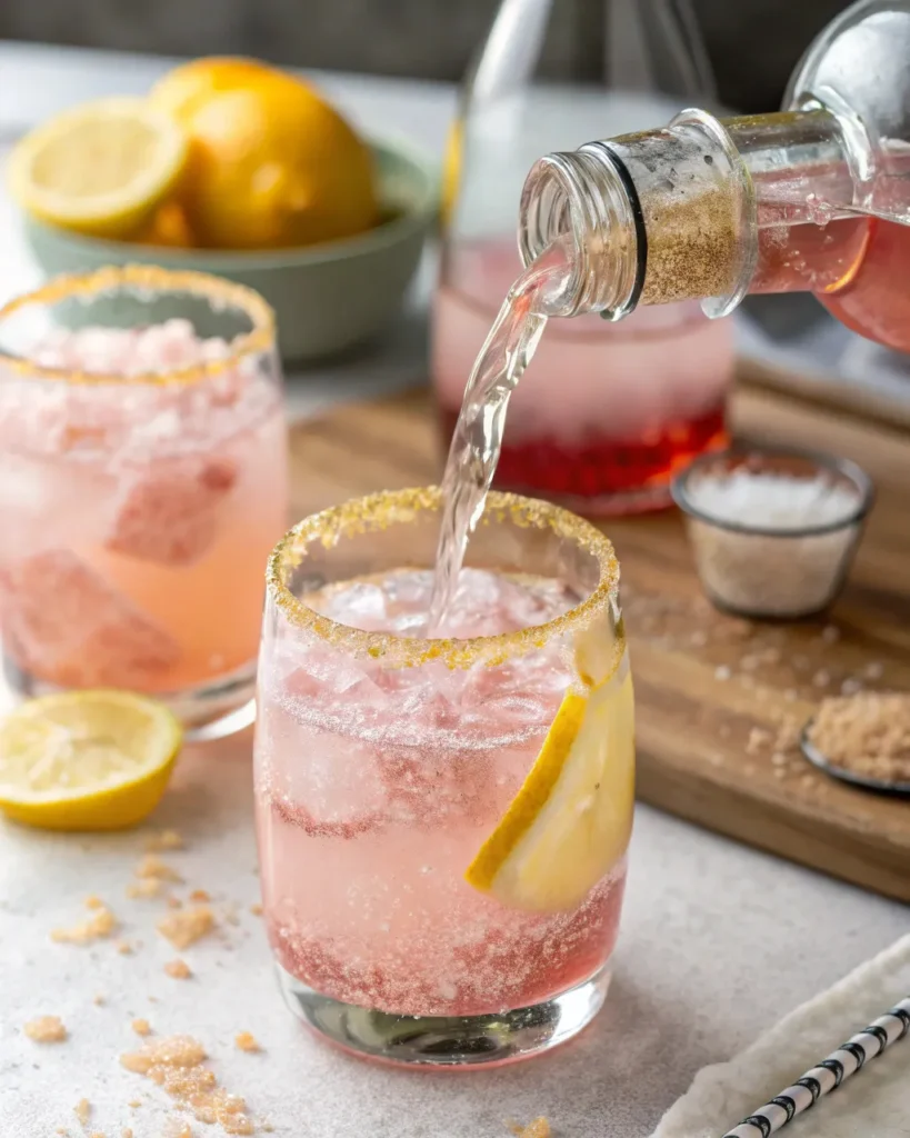 Japanese Pink Salt Recipe 3 Preparing Japanese pink salt detox water with swirling ingredients in glass